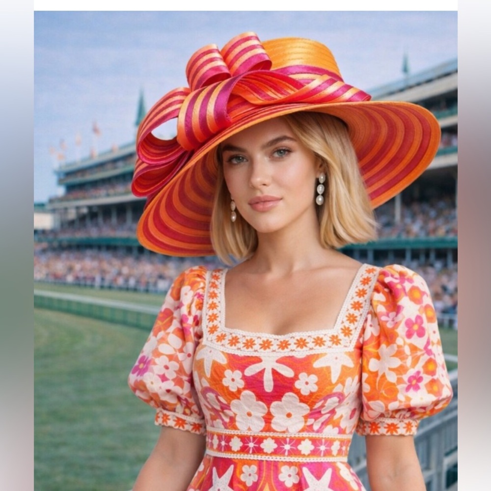 Kentucky Derby Oaks Orange & Pink Statement Hat Bold Stripe Spring